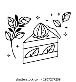 hand drawn cake, pastry and bakery elements with strawberry and floral illustrations for food logo, brand, sticker, children coloring page, book, or product decoration
