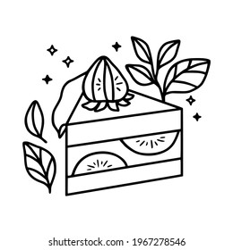 hand drawn cake, pastry and bakery elements with strawberry and floral illustrations for food logo, brand, sticker, children coloring page, book, or product decoration