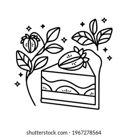 hand drawn cake, pastry and bakery elements with strawberry and floral illustrations for food logo, brand, sticker, children coloring page, book, or product decoration