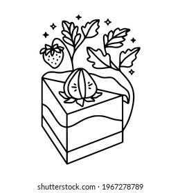 hand drawn cake, pastry and bakery elements with strawberry and floral illustrations for food logo, brand, sticker, children coloring page, book, or product decoration