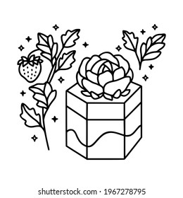 hand drawn cake, pastry and bakery elements with strawberry and floral illustrations for food logo, brand, sticker, children coloring page, book, or product decoration