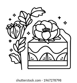 hand drawn cake, pastry and bakery elements with strawberry and floral illustrations for food logo, brand, sticker, children coloring page, book, or product decoration