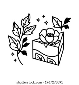 hand drawn cake, pastry and bakery elements with strawberry and floral illustrations for food logo, brand, sticker, children coloring page, book, or product decoration