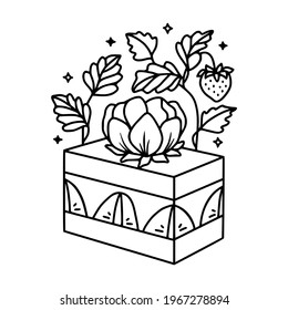 hand drawn cake, pastry and bakery elements with strawberry and floral illustrations for food logo, brand, sticker, children coloring page, book, or product decoration