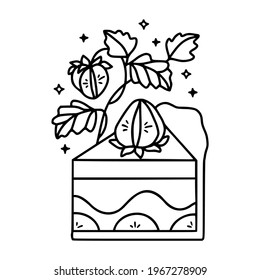 hand drawn cake, pastry and bakery elements with strawberry and floral illustrations for food logo, brand, sticker, children coloring page, book, or product decoration