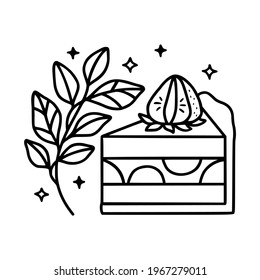 hand drawn cake, pastry and bakery elements with strawberry and floral illustrations for food logo, brand, sticker, children coloring page, book, or product decoration