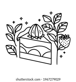 hand drawn cake, pastry and bakery elements with strawberry and floral illustrations for food logo, brand, sticker, children coloring page, book, or product decoration