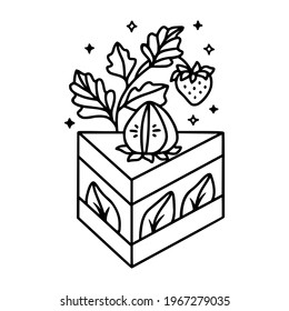 hand drawn cake, pastry and bakery elements with strawberry and floral illustrations for food logo, brand, sticker, children coloring page, book, or product decoration