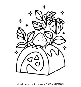 hand drawn cake, pastry and bakery elements with strawberry and floral illustrations for food logo, icon, brand, sticker, children coloring page, book, or product decoration