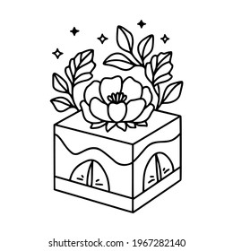 hand drawn cake, pastry and bakery elements with strawberry and floral illustrations for food logo, icon, brand, sticker, children coloring page, book, or product decoration