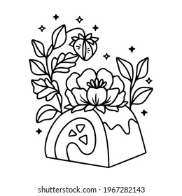 hand drawn cake, pastry and bakery elements with strawberry and floral illustrations for food logo, icon, brand, sticker, children coloring page, book, or product decoration