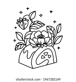hand drawn cake, pastry and bakery elements with strawberry and floral illustrations for food logo, icon, brand, sticker, children coloring page, book, or product decoration