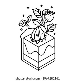 hand drawn cake, pastry and bakery elements with strawberry and floral illustrations for food logo, icon, brand, sticker, children coloring page, book, or product decoration
