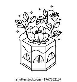 hand drawn cake, pastry and bakery elements with strawberry and floral illustrations for food logo, icon, brand, sticker, children coloring page, book, or product decoration