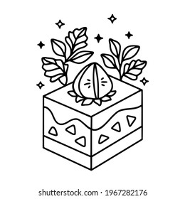 hand drawn cake, pastry and bakery elements with strawberry and floral illustrations for food logo, icon, brand, sticker, children coloring page, book, or product decoration