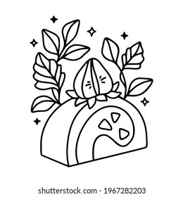 hand drawn cake, pastry and bakery elements with strawberry and floral illustrations for food logo, icon, brand, sticker, children coloring page, book, or product decoration