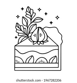 hand drawn cake, pastry and bakery elements with strawberry and floral illustrations for food logo, icon, brand, sticker, children coloring page, book, or product decoration