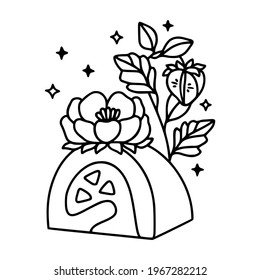 hand drawn cake, pastry and bakery elements with strawberry and floral illustrations for food logo, icon, brand, sticker, children coloring page, book, or product decoration
