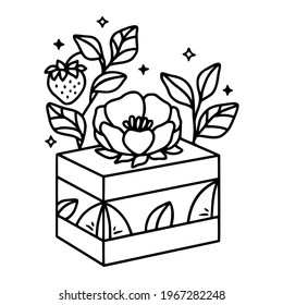 hand drawn cake, pastry and bakery elements with strawberry and floral illustrations for food logo, icon, brand, sticker, children coloring page, book, or product decoration