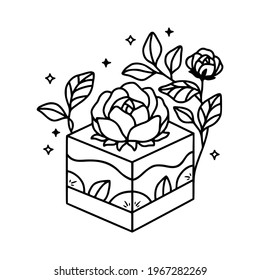 hand drawn cake, pastry and bakery elements with strawberry and floral illustrations for food logo, icon, brand, sticker, children coloring page, book, or product decoration