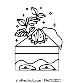 hand drawn cake, pastry and bakery elements with strawberry and floral illustrations for food logo, icon, brand, sticker, children coloring page, book, or product decoration