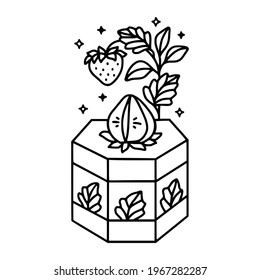 hand drawn cake, pastry and bakery elements with strawberry and floral illustrations for food logo, icon, brand, sticker, children coloring page, book, or product decoration