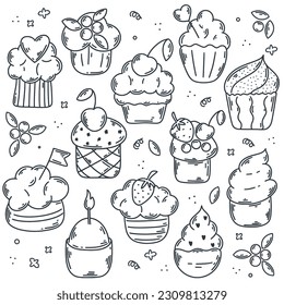 Pastel hecho a mano con bayas, velas, topper, cereza, fresa. Estilo de dibujo de Doodle. Cupecakes y muffins con línea de tinta crema, vector. Ilustración para icono, diseño de menú