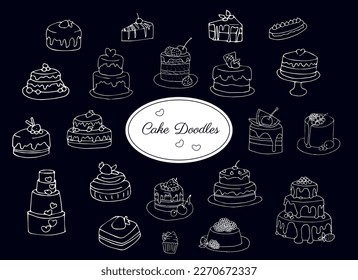 Hand -drawn cake set isolated on dark background, for cafe shop, design