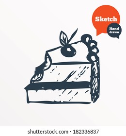 Hand Drawn Cake. Sketched Bite Of Sweet Birthday Cake. Vector