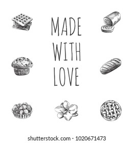 Hand drawn cake sketches set. Collection of waffle, pastry, muffin and other sketch elements.