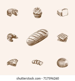 Hand Drawn Cake Sketches Set. Collection Of Cracker, Triangle, Muffin And Other Sketch Elements.