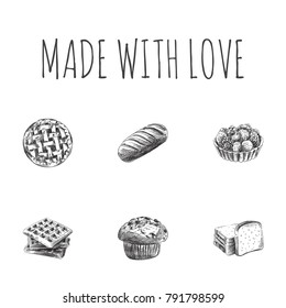 Hand Drawn Cake Sketches Set. Collection Of Cupcake, Wafer, Bread And Other Sketch Elements.