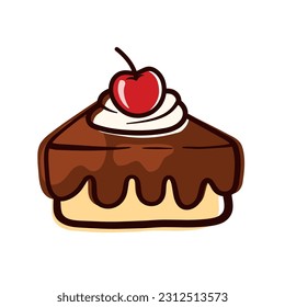 Hand drawn cake slice with cherry in brown line pastry food cartoon vector illustration isolated on white background