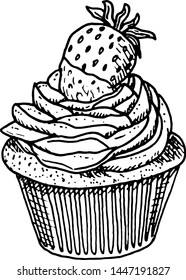 Hand Drawn cake with strawberries doodle. Sketch style icon. Decoration element. Isolated on white background. Flat design. Vector illustration.