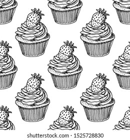 Hand Drawn cake with strawberries doodle. Sketch style icon. Seamless pattern. Isolated on white background. Flat design. Vector illustration.