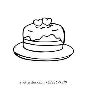 Pastel dibujado a mano con dos corazones en estilo de línea simple perfecto para celebraciones románticas día de San Valentín y el concepto de postre dulce