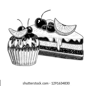 Hand drawn cakes or bakery desserts with fruit