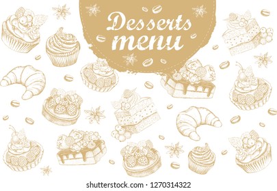 Hand drawn cakes collection isolated on white.