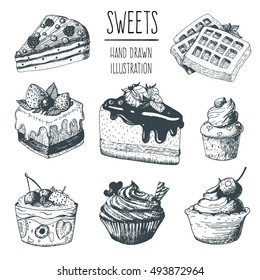 Hand drawn cakes collection isolated on white . Cakes, pies, biscuits and other confectionery products. Linear drawn vector illustration. Elements for vintage design.