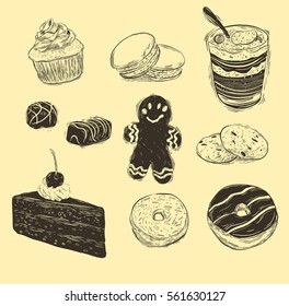 Hand drawn cakes collection isolated on white . Cakes, pies, biscuits and other confectionery products. Linear drawn vector illustration. Elements for vintage design.
