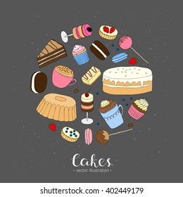 Hand drawn cakes composed in circle shape. 