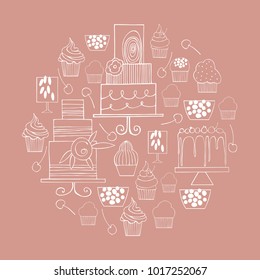 Hand drawn cakes and cupcakes. Wedding dessert bar with cake. Sweet table.  Vector sketch  illustration.