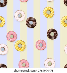 Hand drawn cakes, donuts, donuts, vector illustration on seamless striped background, top view sweets, menu design coffee shop elements. Flat style, delivery box, packaging