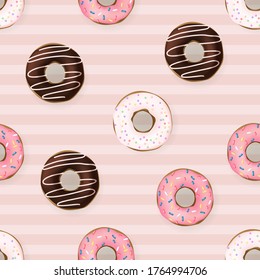 Hand drawn cakes, donuts, donuts, vector illustration on seamless pink striped background, top view sweets, menu design coffee shop elements. Flat style, delivery box, packaging