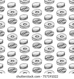 Hand drawn cakes pattern. Sketch artwork background with sweet pastry. Bakery doodles for wallpaper, wrapping, textile, cloth. Seamless handdrawn yummy cookies. Vector illustration.