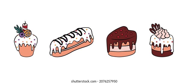 Hand drawn cakes set. Sweet dessert with sprinkles and berries isolated on white background. Vector illustration.