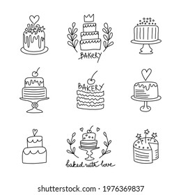 Hand drawn cakes set. Vector doodle cakes collection. Design elements.