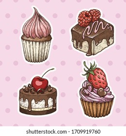 Hand drawn cakes, vintage colorful food sketches, isolated on white background. Vector illustration.