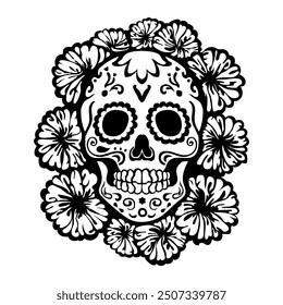 Hand drawn Calavera with intricate designs and marigold flowers for Day of the Dead. Black linear art of Mexican sugar skull on white background as a tattoo design. Dia de los Muertos illustration