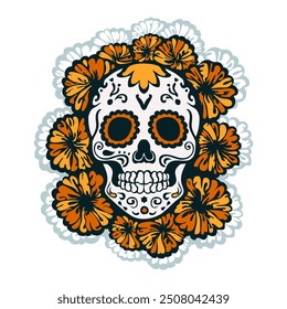 Hand drawn Calavera (sugar skull) with intricate designs and marigold flowers, forming a vibrant and symmetrical pattern that emphasizes connection between life and death in Day of the Dead traditions